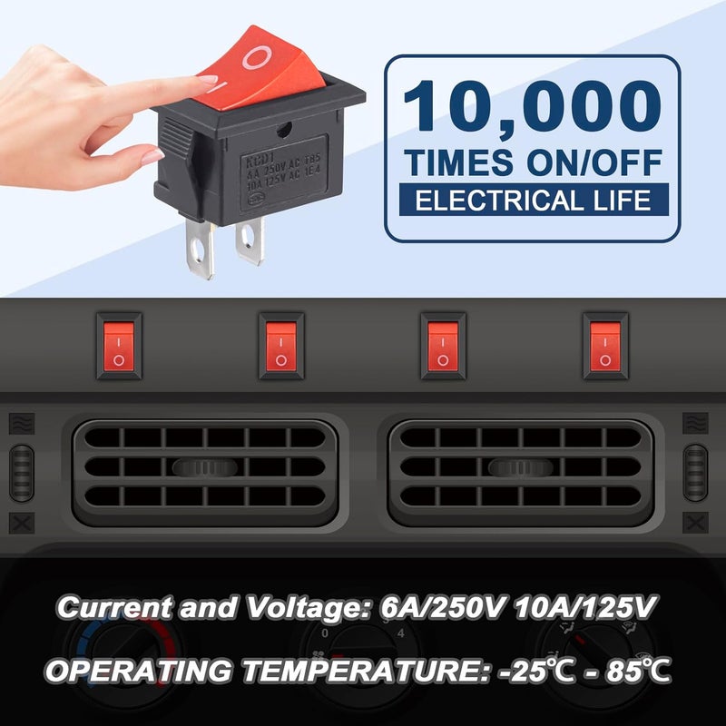 VEXUNGA 10pcs Mini Rocker Switch On Off 2 Pin Boat Rocker Switch 10A 125V 6A 250V AC KCD1 Red Snap-in SPST Toggle Switches Square for Car Marine Home Appliances - Image 3